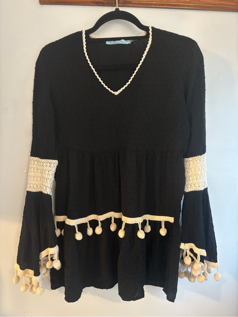 Black Pom-Trim Boho Tunic with Cream Crochet Accents